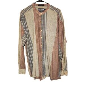 Van Heusen Shirt Button Front Band Collar Multi-Color Stripe Mens XL Granddad